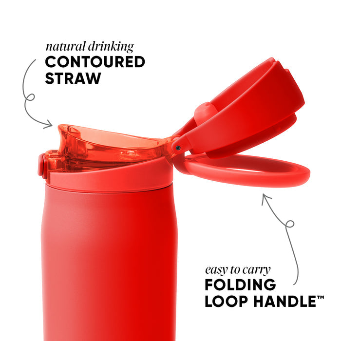 Coral red water bottle with matching functional components, displaying bright saturated tones that convey energy and vitality.