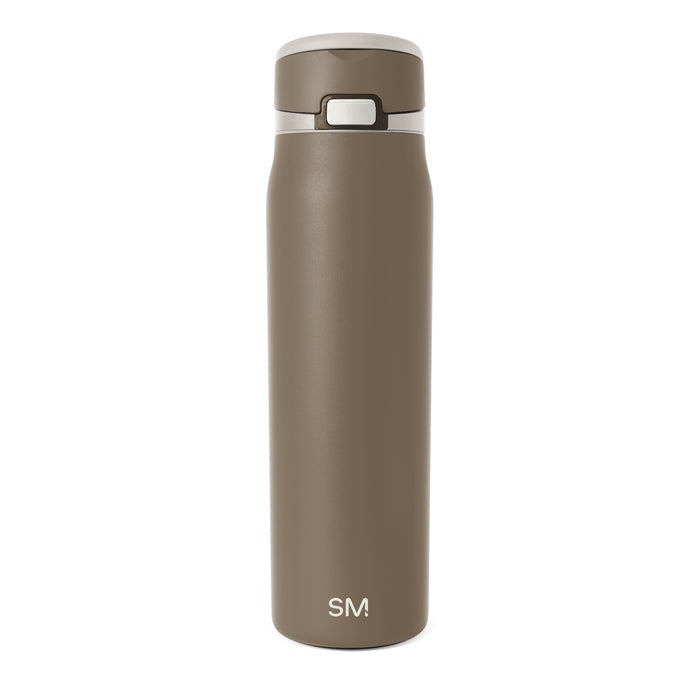 Taupe-brown glass bottle with white collar and lid