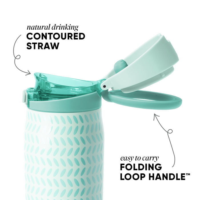 Pale aqua and mint green insulated tumbler with lid, straw, and handle against white background