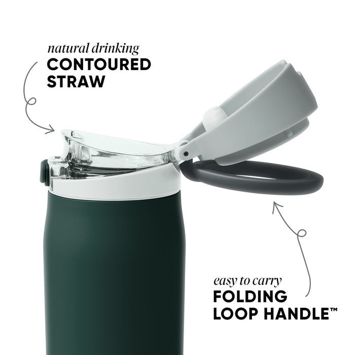 Forest green water bottle with white lid and handle, black hardware accents