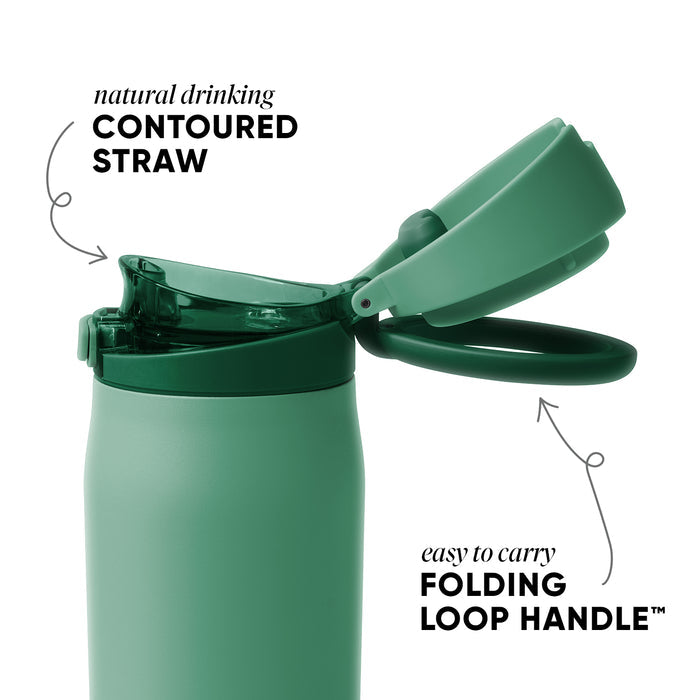 Bottle with soft sage green body and darker green lid, cap, and handle against neutral background