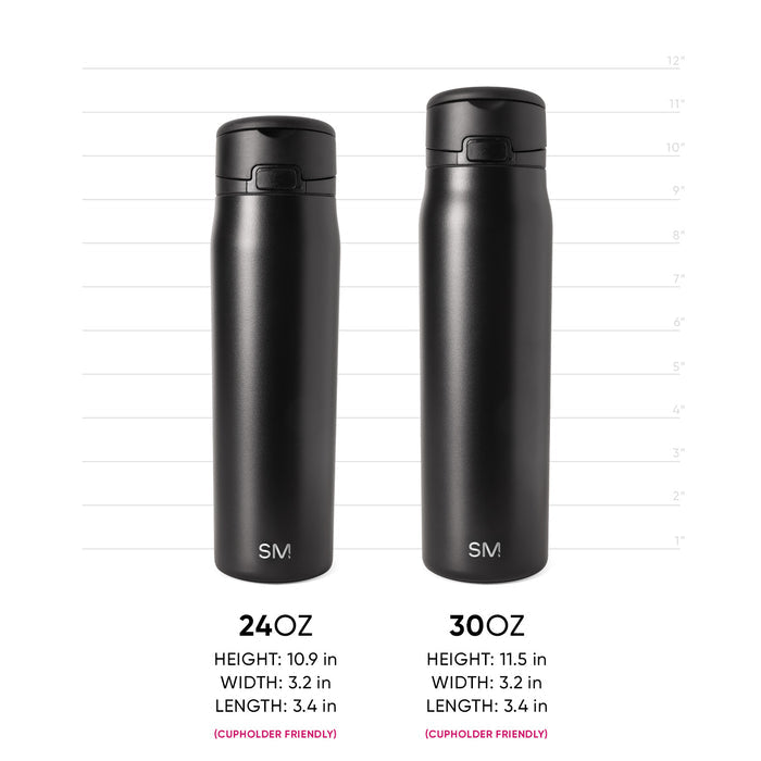 Two matte black cylindrical drinkware vessels with subtle metallic sheen and light reflections on surfaces, shown for product measurement reference.