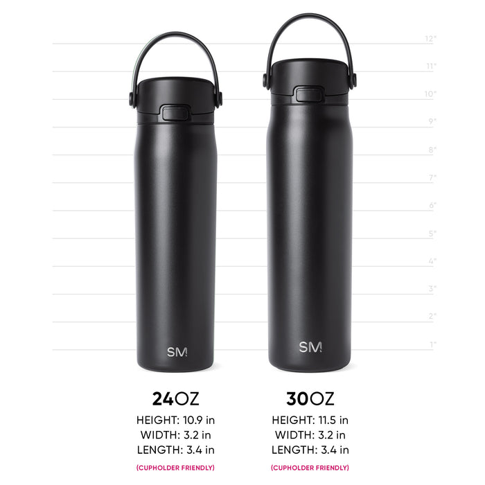 Two matte black water bottles displayed side by side against a white background, shown with measurement reference for size comparison.