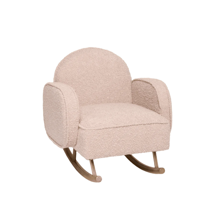 White background view of the Micah Mini Me Rocking Chair in boucle blush designed with curved arms for added support.