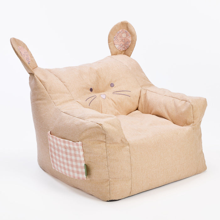 Angled cutout of the Milo Mouse beanbag chair in beige with pink gingham accents and embroidered whisker face