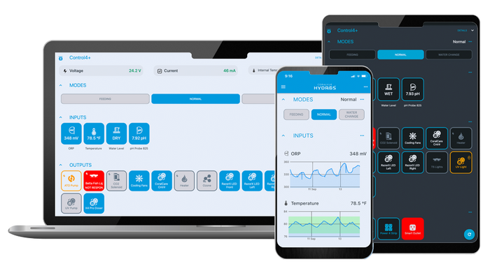 A laptop, tablet, and phone are displaying different devices while highlighting the TAS HYDROS Pinpoint ORP Probe for monitoring water pH levels.
