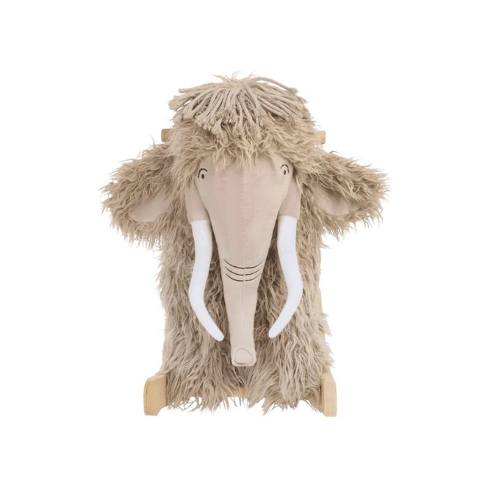 Front cutout view of Mimi the Mammoth rocking toy, highlighting embroidered facial details, plush fabric and gentle curved rockers