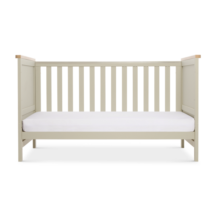 Misha Cot Bed in Mushroom colour, shown in sofa mode on a white background