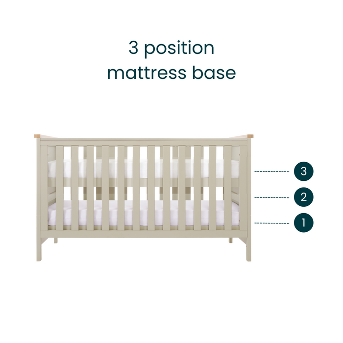 Misha cot bed in Mushroom, showing the 3 different mattress positions against a plain white background.