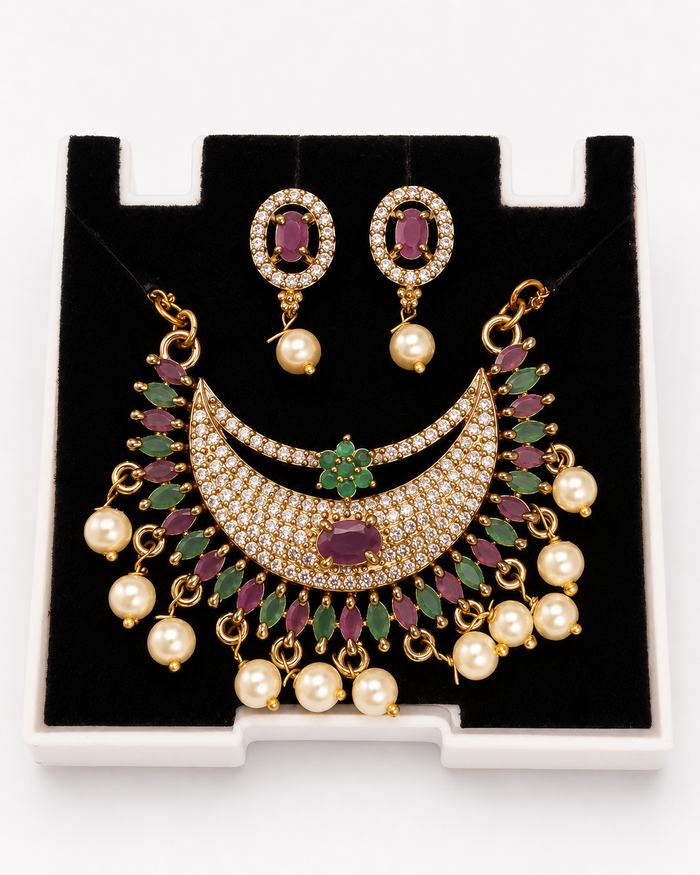 Multicolor pearl mangalsutra necklace and earrings detail