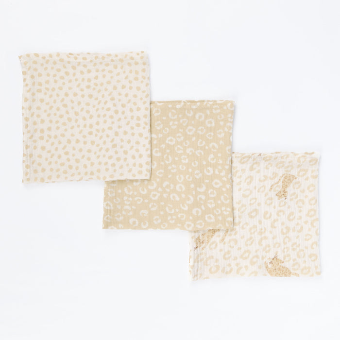 Love Cats muslin square cloths set of 3 laid flat in three coordinating beige prints, shown in cutout view to display pattern detail and size.