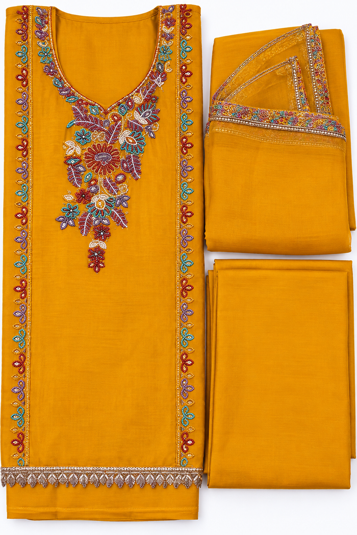 Mustard gold multicolor embroidered unstitched three-piece suit