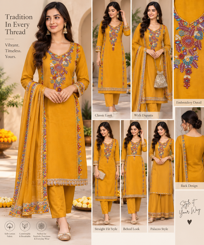 Mustard gold multicolor embroidered unstitched suit fabric detail