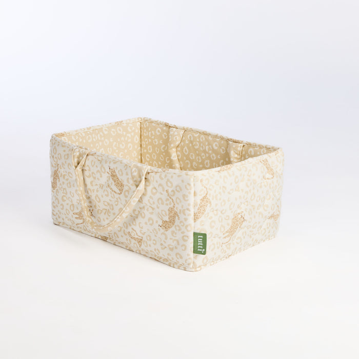 Angled cutout of the Love Cats nappy caddy in beige leopard print, featuring quilted panels, soft lining, and Tutti Bambini brand tag