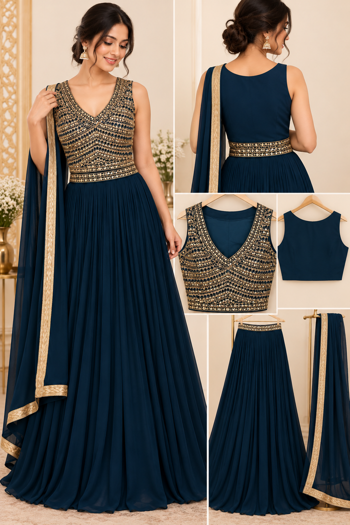 Navy blue and gold embroidered lehenga set alternate view