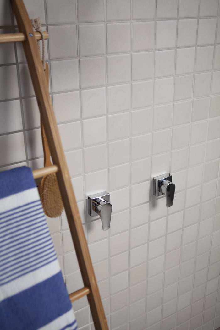 Bathroom wall with towel rack, hooks, and a ladder with a striped towel.