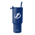 Deep navy blue matte finish tumbler with white logo and branding