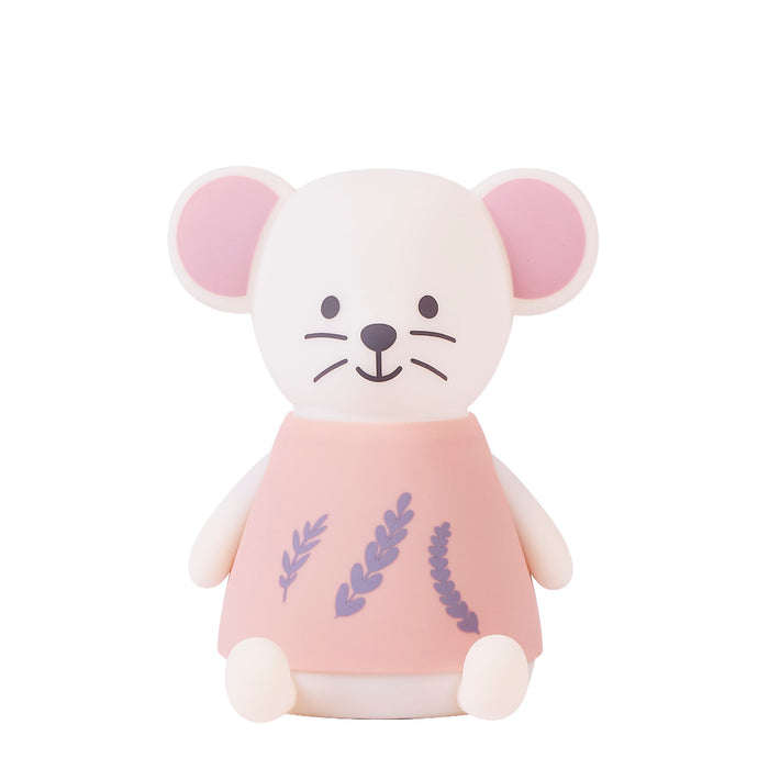 Night light mouse with a pink sweater and lavender design on a white background