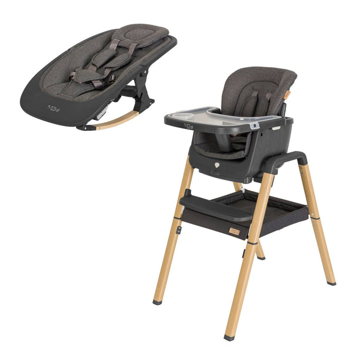 Product view of the Nova complete set in Grey and Oak, featuring a newborn rocker and highchair with padded seat, harness, tray, and under-seat storage.