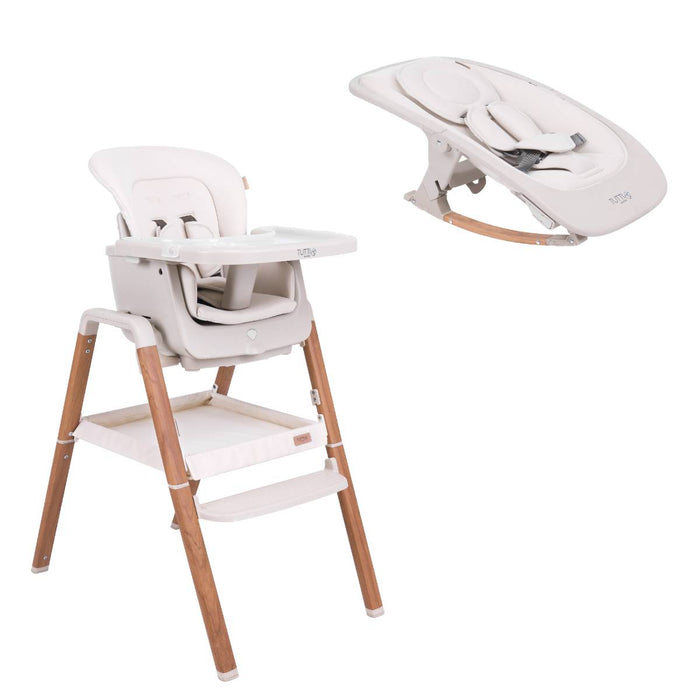 Product view of Nova highchair and newborn rocker combination in Scandinavian Walnut and Ecru showcasing convertible design for long-term use.