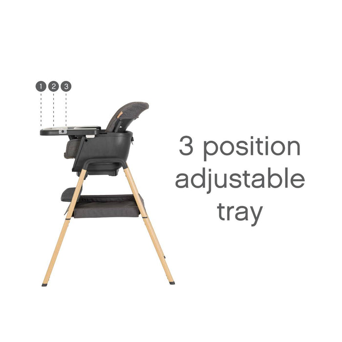 Side profile of the Nova highchair in Grey and Oak showing the three-position adjustable tray for flexible mealtime setups.