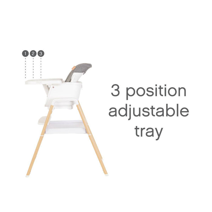Side view of Nova highchair showing three-position adjustable tray for a flexible mealtime setup