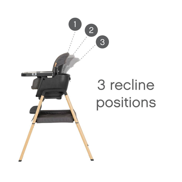 Side view of the Nova highchair in Grey and Oak, highlighting the three recline positions for adaptable comfort.