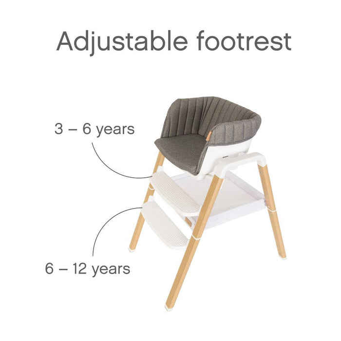 Side view of Nova toddler chair showing adjustable footrest positions for ages 3–6 and 6–12 years for ergonomic support.