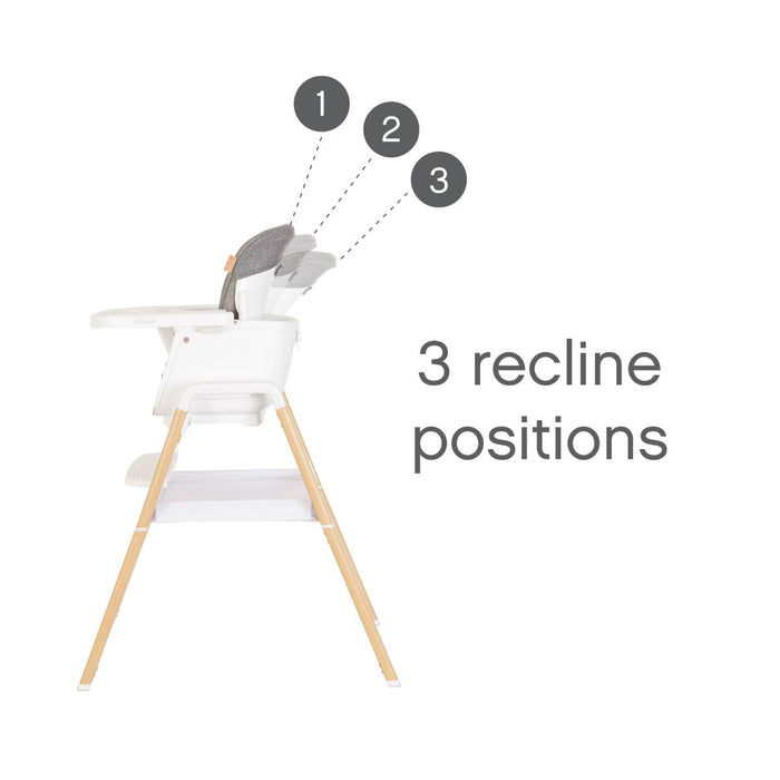 Side view of Nova highchair in Scandinavian Walnut and Ecru demonstrating three adjustable recline positions for customised comfort.