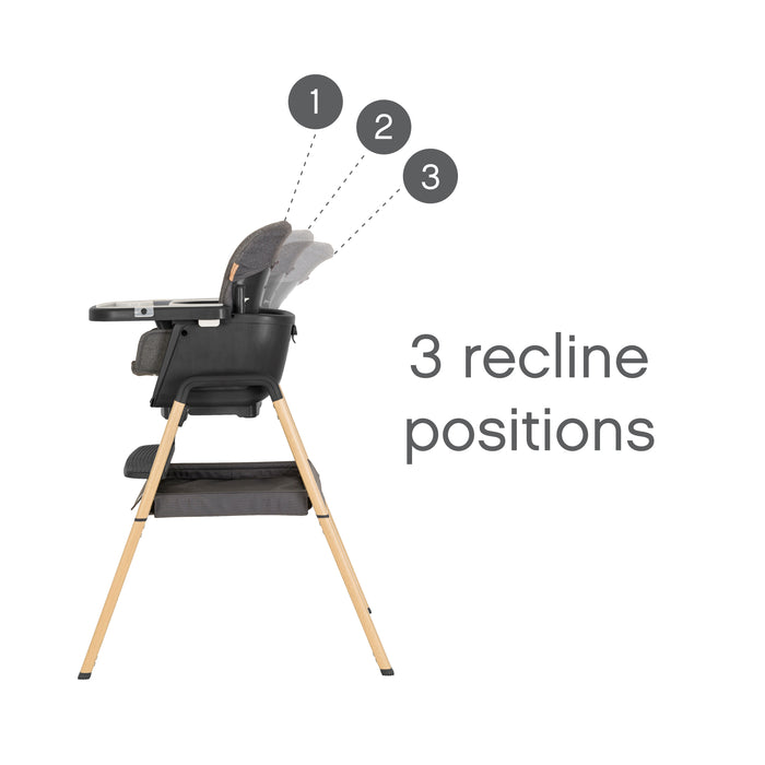 Side view of Nova Evolutionary Highchair in Grey/Oak showing three recline positions for optimal feeding and resting posture.