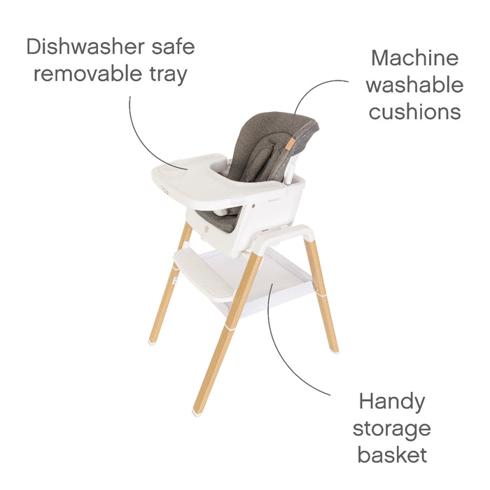 View of the Nova evolutionary highchair showing dishwasher safe removable tray, machine washable seat cushions, and handy storage basket for added convenience.