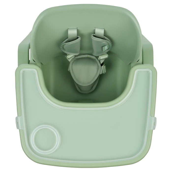Aerial view of the nova maison 7 in highchair in matcha, showing removable feeding tray with integrated cup holder and supportive seat design.
