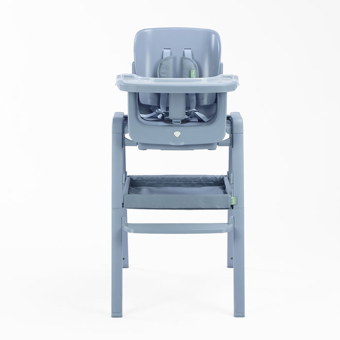 Cutout of Nova Maison highchair in coast with secure frame and safety harness.