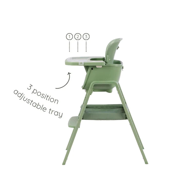 Cutout view of the Nova Maison 7 in 1 highchair in matcha, showing the three-position adjustable tray for comfort and easy access.