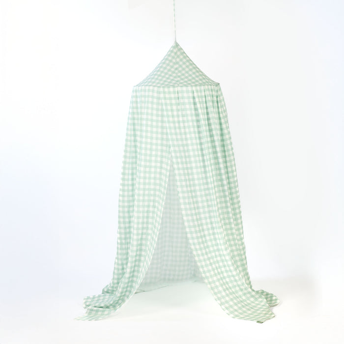 Cutout of the Good Life nursery canopy in mint gingham fabric, featuring a soft draped design and pointed top for a calm, cosy den look