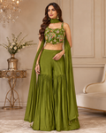 Olive green embroidered three-piece sharara set
