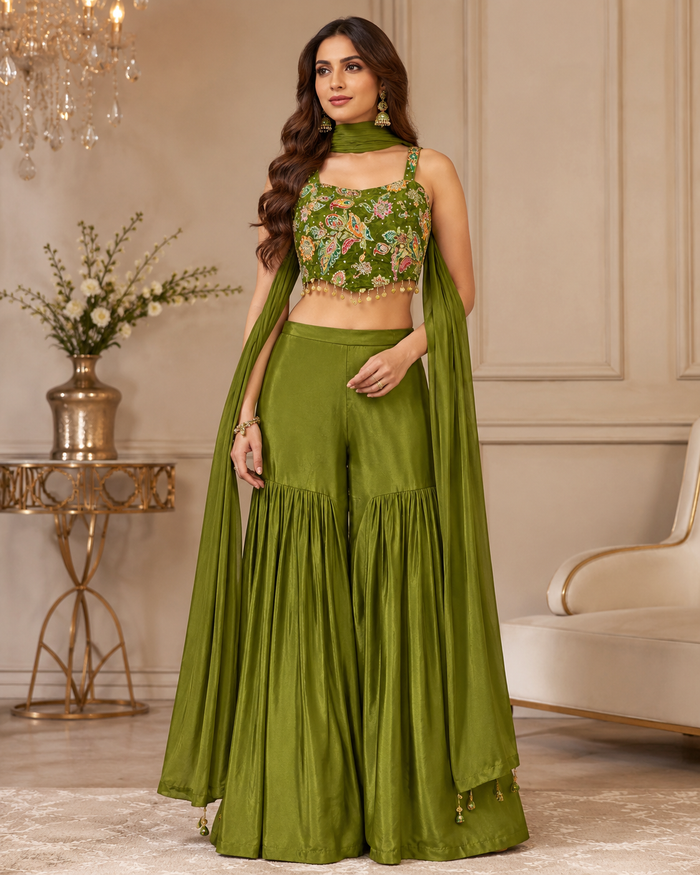 Olive green embroidered three-piece sharara set
