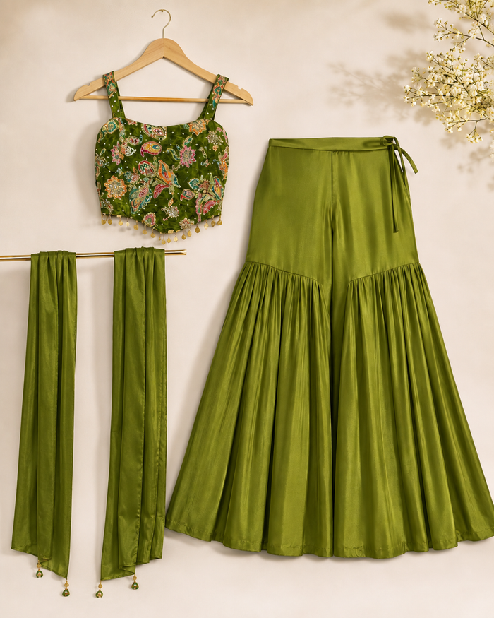 Olive green sharara set floral embroidery detail