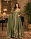 Olive green and gold embroidered Anarkali suit