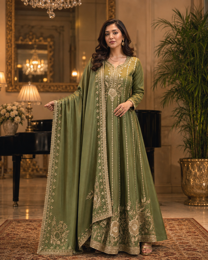 Olive green and gold embroidered Anarkali suit