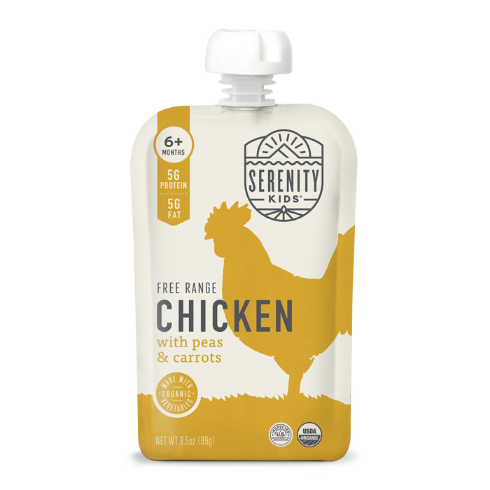 Serenity Kids free range chicken with peas and carrots food pouch on a white background