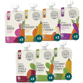 Assorted Serenity Kids organic baby food pouches on a white background