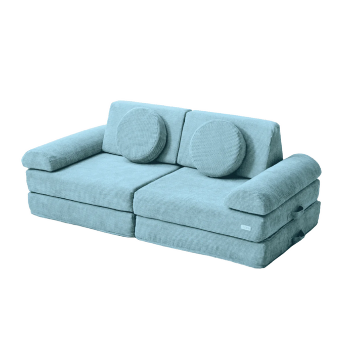 Cutout view of the Playrama Montessori Kids Play Sofa in ocean stone finish, shown with cushions and armrests in a sofa-style setup