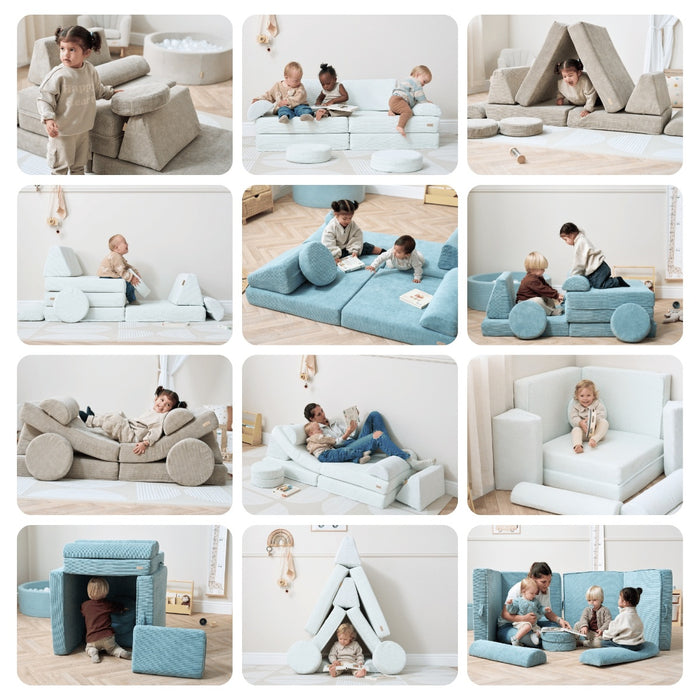 Lifestyle collage showing children using the Playrama Montessori kids play sofa in sea mist and grey, reconfigured into sofas, cars, forts, and play dens