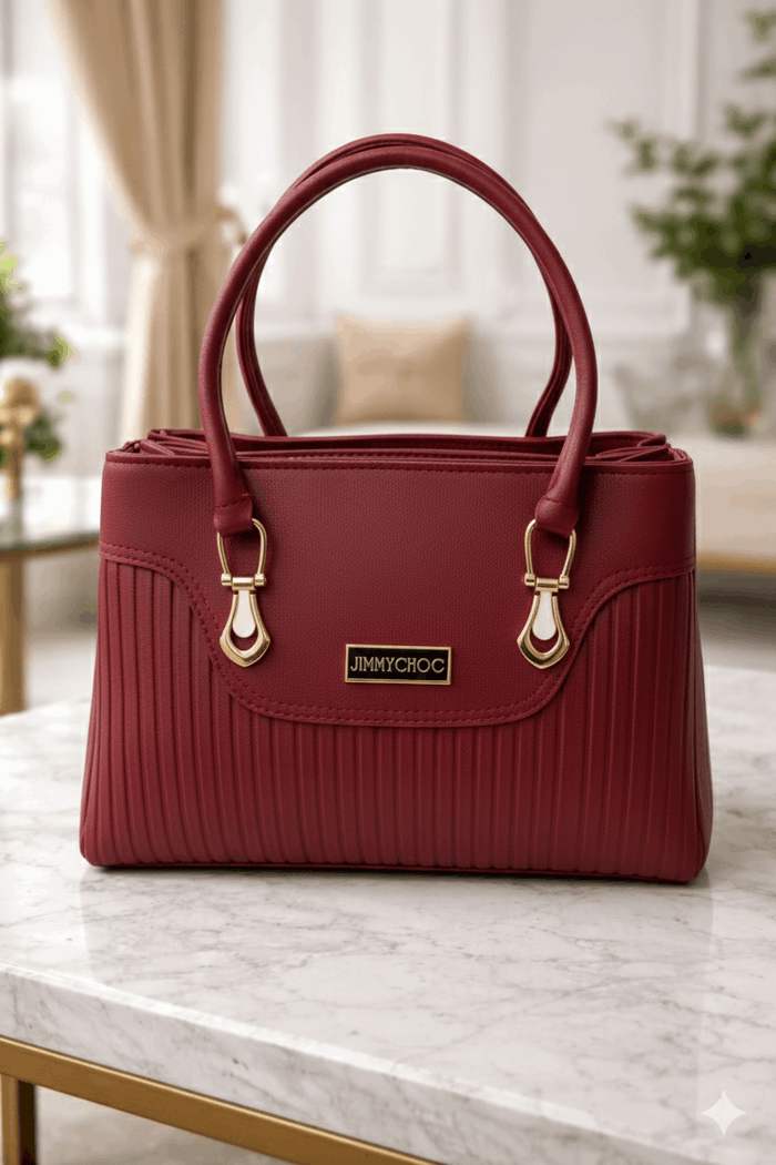 Jimmy Choo Pleated Leather Handbag with Gold-Tone Accents Maroon - Nishat Creative Store