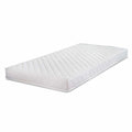 Angled view of pocket sprung nursery mattress with quilted white cover and supportive pocket spring construction for baby comfort.