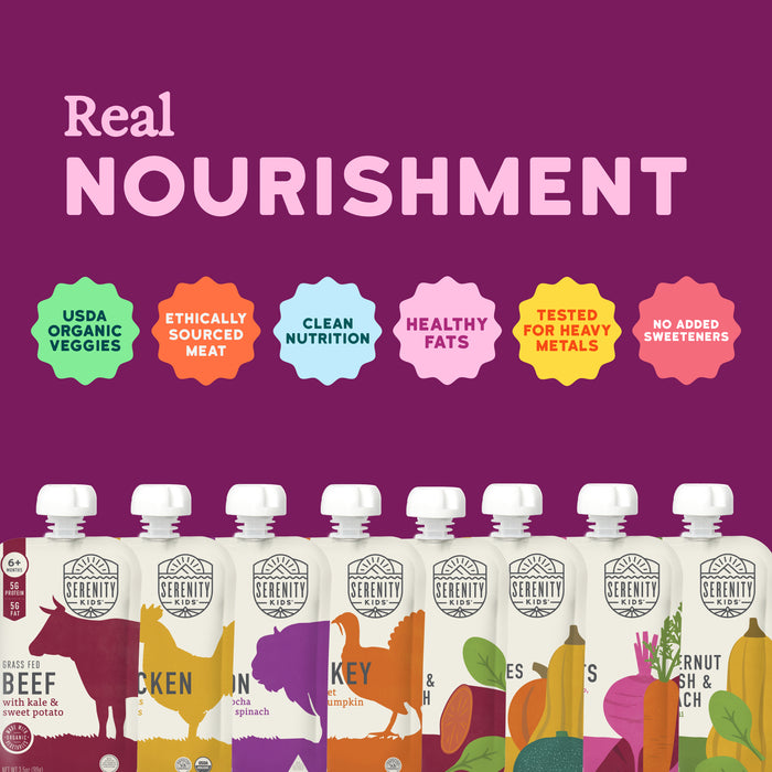 Assorted food packaging with colorful labels on a purple background, featuring text about real nourishment