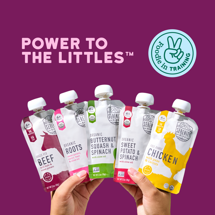 Hand holding multiple organic baby food pouches with a purple background and 'Power to the Littles' text.