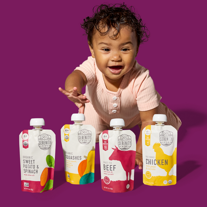 Child with Serenity Kids food packaging on a purple background