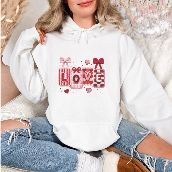 Preppy Love Faux Yarn Crochet Valentine's Day Graphic Hoodie